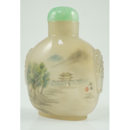 194 - A Chinese inside painted agate landscape snuff bottle, signed Liu Shouben, c.1965-70, painted by t... 