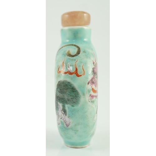 196 - A Chinese enamelled porcelain mythical beasts snuff bottle, 1850-1900, painted with a tiger, two B... 