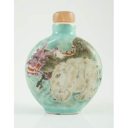 196 - A Chinese enamelled porcelain mythical beasts snuff bottle, 1850-1900, painted with a tiger, two B... 