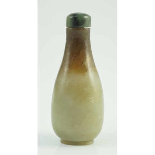 197 - A Chinese celadon and brown jade pear form snuff bottle, 19th century, 7.2cm high