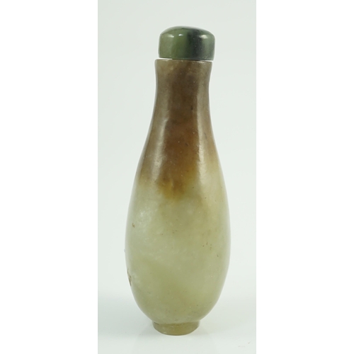 197 - A Chinese celadon and brown jade pear form snuff bottle, 19th century, 7.2cm high