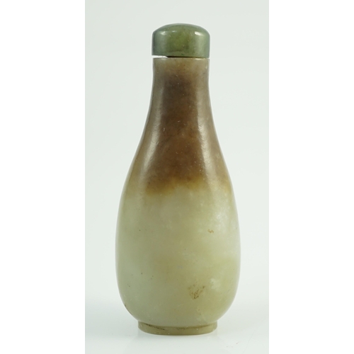 197 - A Chinese celadon and brown jade pear form snuff bottle, 19th century, 7.2cm high