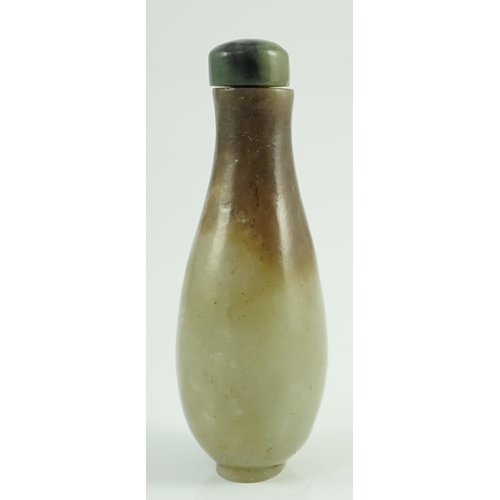 197 - A Chinese celadon and brown jade pear form snuff bottle, 19th century, 7.2cm high