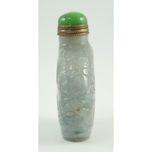 199 - A Chinese jadeite dragon snuff bottle, c.1800-1900, of moonflask form, carved in relief with a dra... 