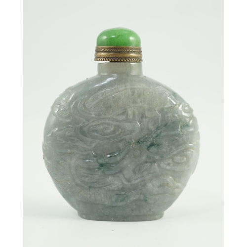 199 - A Chinese jadeite dragon snuff bottle, c.1800-1900, of moonflask form, carved in relief with a dra... 