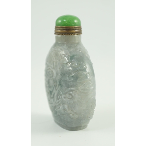 199 - A Chinese jadeite dragon snuff bottle, c.1800-1900, of moonflask form, carved in relief with a dra... 