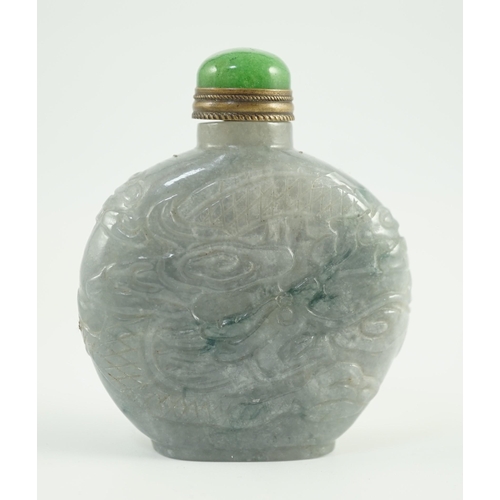 199 - A Chinese jadeite dragon snuff bottle, c.1800-1900, of moonflask form, carved in relief with a dra... 