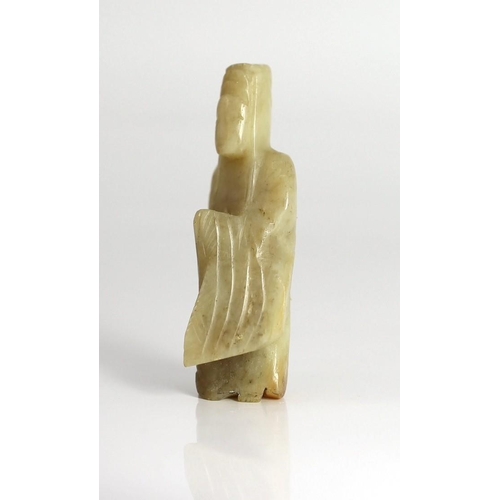 204 - An early Chinese cream jade figure of Guanyin, together with a 19th century pale celadon and brown j... 