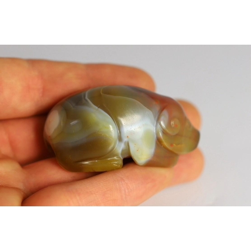 205 - A Chinese banded agate figure of a recumbent pig, 18th/19th century, 5.4cm long, wood stand