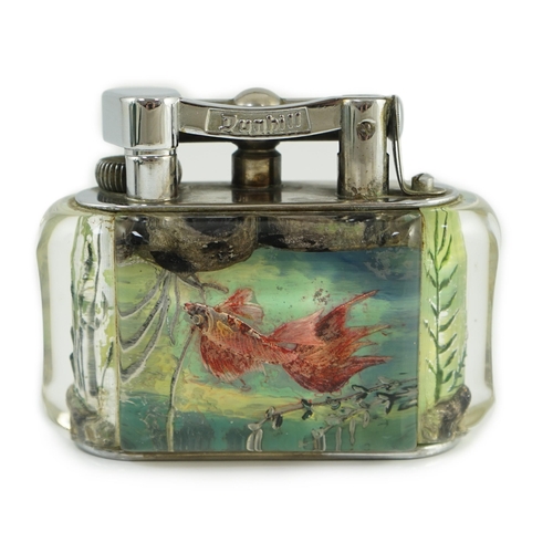 21 - A Dunhill Aquarium table lighter, with chromed metal mount, decorated with a Siamese fighting fish a... 