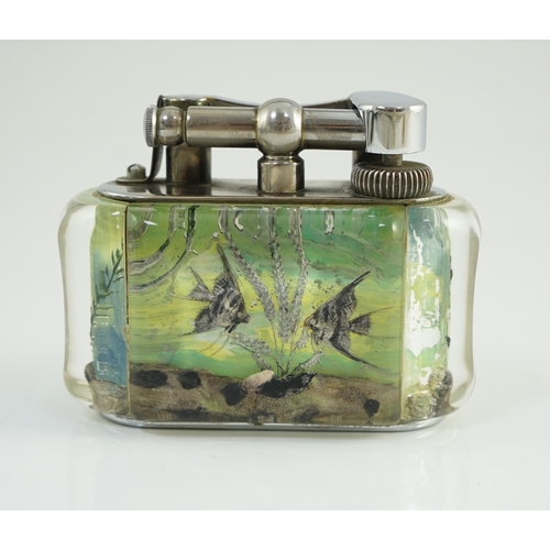 21 - A Dunhill Aquarium table lighter, with chromed metal mount, decorated with a Siamese fighting fish a... 