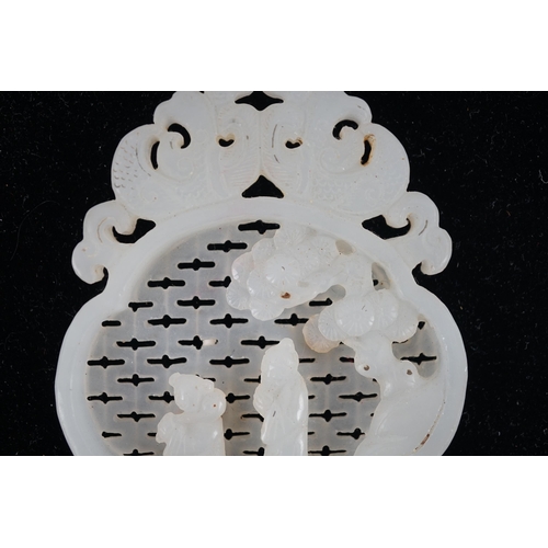 216 - A Chinese white jade reticulated plaque, 19th century, carved in high relief and openwork with a sag... 