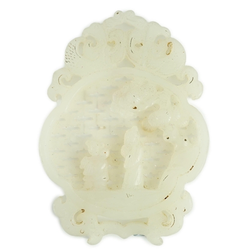 216 - A Chinese white jade reticulated plaque, 19th century, carved in high relief and openwork with a sag... 