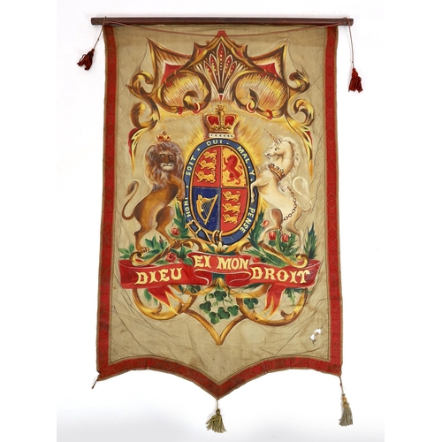 22 - Nine mid 19th century Royal heraldic banners, decorated with armorials of European countries, includ... 