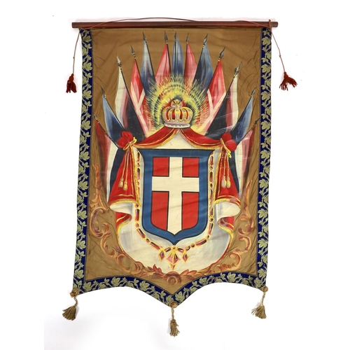 22 - Nine mid 19th century Royal heraldic banners, decorated with armorials of European countries, includ... 