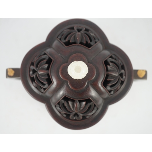 229 - A Chinese gold splashed bronze quatrelobed censer, dark brown patinated with gold splashes, applied ... 