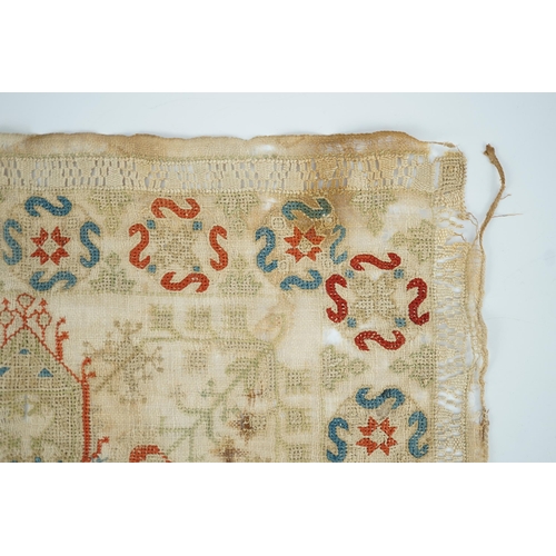 23 - An 18th century Creton fine hand woven linen square, possibly an altar piece, hand worked with a cre... 