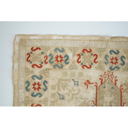 23 - An 18th century Creton fine hand woven linen square, possibly an altar piece, hand worked with a cre... 