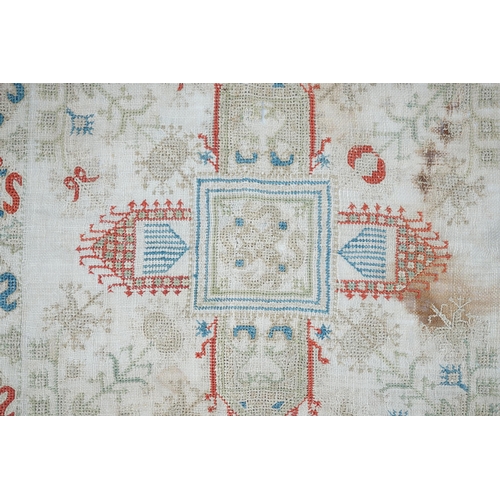 23 - An 18th century Creton fine hand woven linen square, possibly an altar piece, hand worked with a cre... 