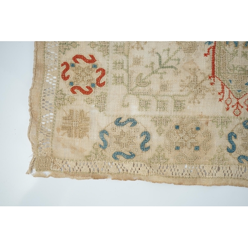 23 - An 18th century Creton fine hand woven linen square, possibly an altar piece, hand worked with a cre... 