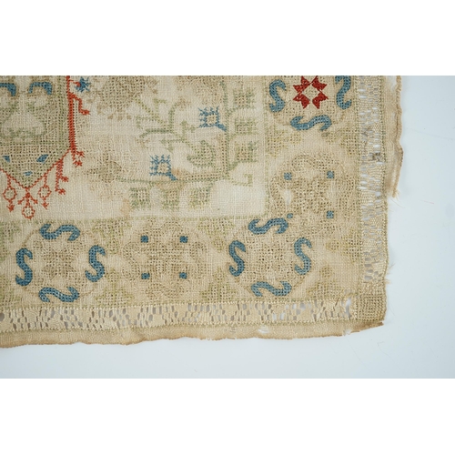 23 - An 18th century Creton fine hand woven linen square, possibly an altar piece, hand worked with a cre... 