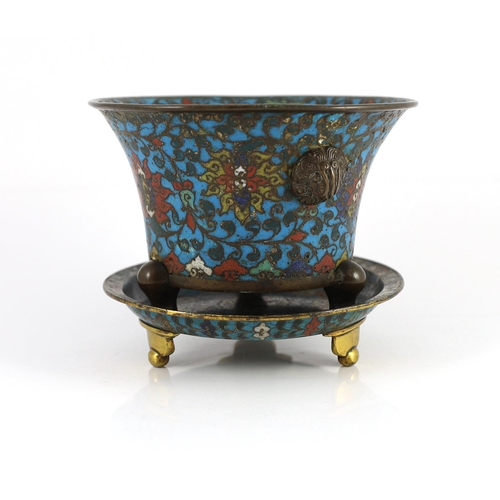 230 - A Chinese Ming cloisonné enamel and bronze tripod censer and associated tripod stand, 16th/17th cent... 