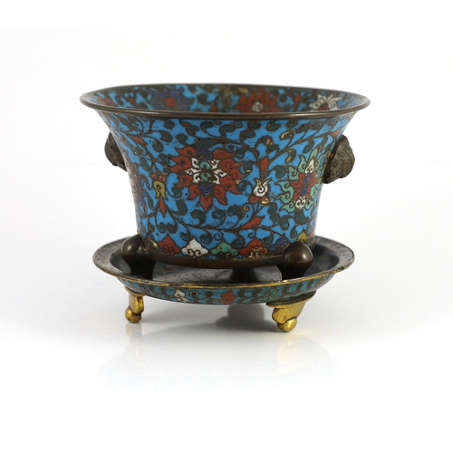 230 - A Chinese Ming cloisonné enamel and bronze tripod censer and associated tripod stand, 16th/17th cent... 