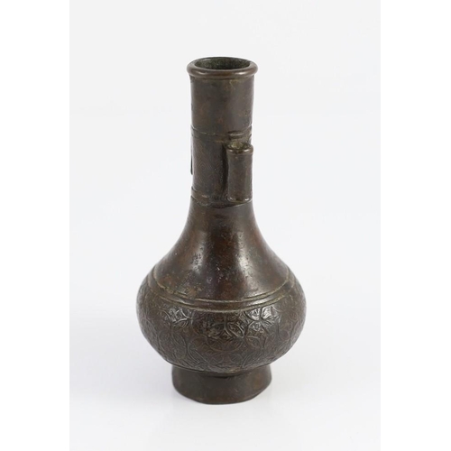 231 - A small Chinese archaistic bronze arrow vase, Yuan/Ming dynasty, the pear shaped body cast in low re... 