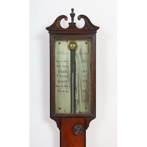 234 - J. Blunt of London. A Regency mahogany stick barometer, with silvered scale and thermometer, 13cm wi... 