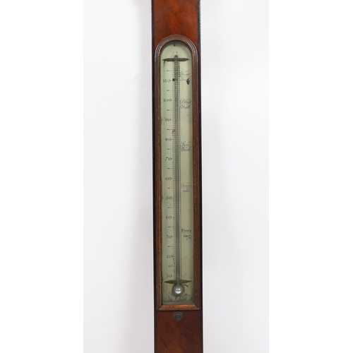 234 - J. Blunt of London. A Regency mahogany stick barometer, with silvered scale and thermometer, 13cm wi... 