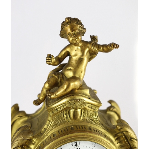 235 - Bernoux of Paris. A 19th century Louis XV style ormolu mantel clock, with putto finial, enamelled Ro... 