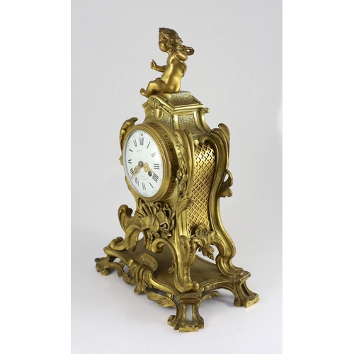 235 - Bernoux of Paris. A 19th century Louis XV style ormolu mantel clock, with putto finial, enamelled Ro... 