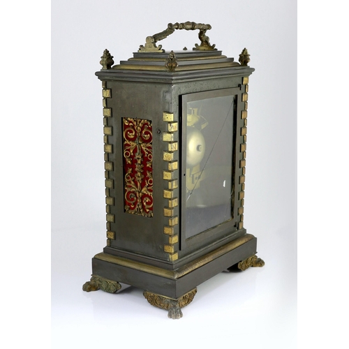 236 - Feltham of Jersey. An early Victorian ormolu mounted ebonised bronze bracket clock, in architectural... 