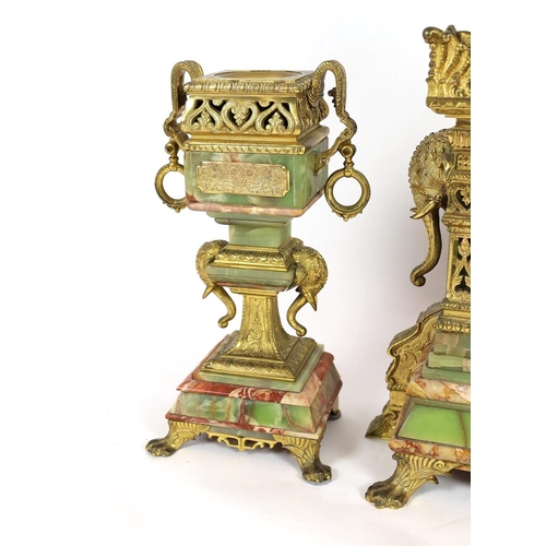 239 - A late 19th century French ormolu mounted marble and green onyx clock garniture, of Indian inspirati... 