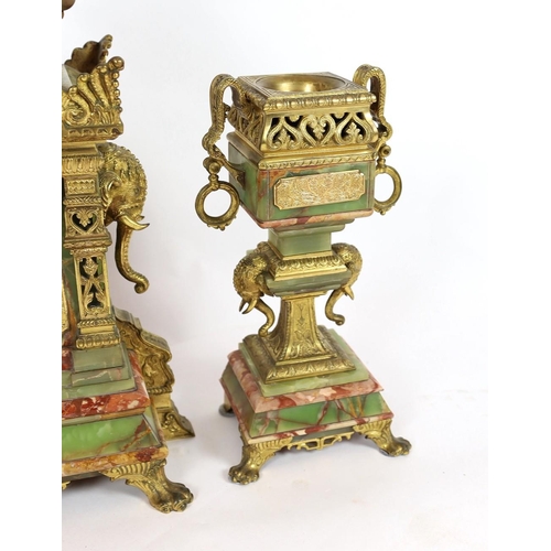 239 - A late 19th century French ormolu mounted marble and green onyx clock garniture, of Indian inspirati... 