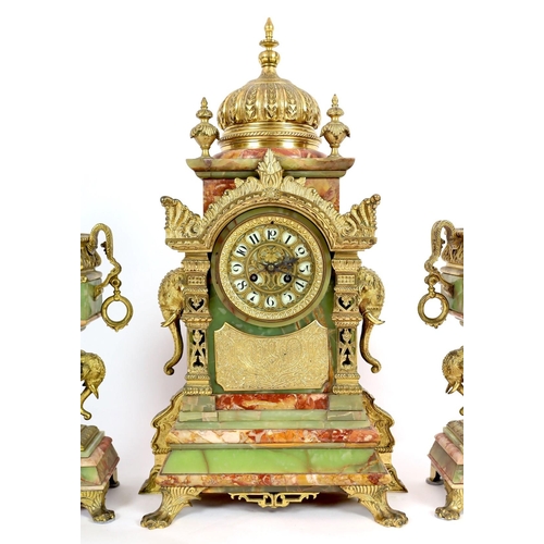 239 - A late 19th century French ormolu mounted marble and green onyx clock garniture, of Indian inspirati... 