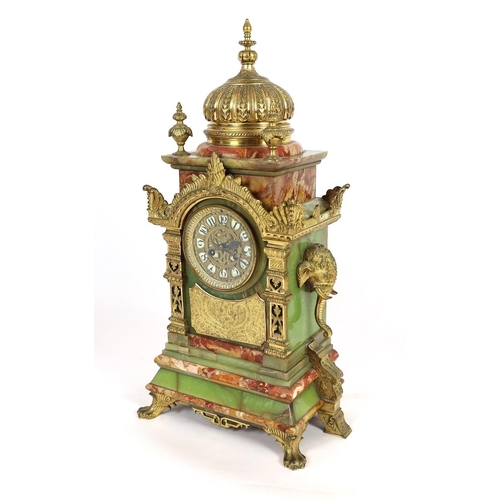 239 - A late 19th century French ormolu mounted marble and green onyx clock garniture, of Indian inspirati... 