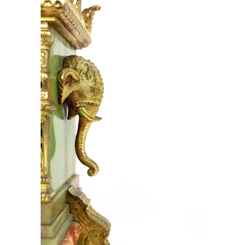 239 - A late 19th century French ormolu mounted marble and green onyx clock garniture, of Indian inspirati... 