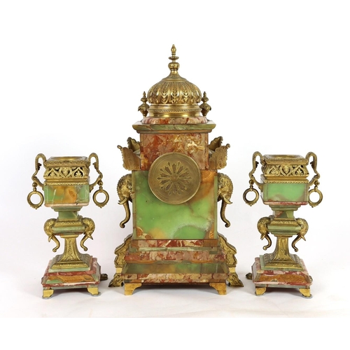 239 - A late 19th century French ormolu mounted marble and green onyx clock garniture, of Indian inspirati... 