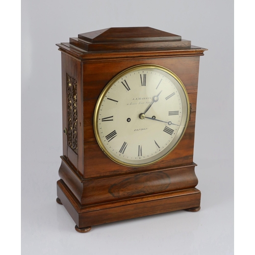 240 - J.J. Harris of London. A Victorian rosewood hour repeating bracket clock, in plain architectural cas... 