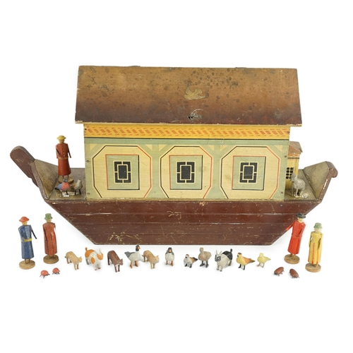 25 - A late 19th century German painted wood Noah's Ark with 136 assorted figures and animals, 14cm wide,... 