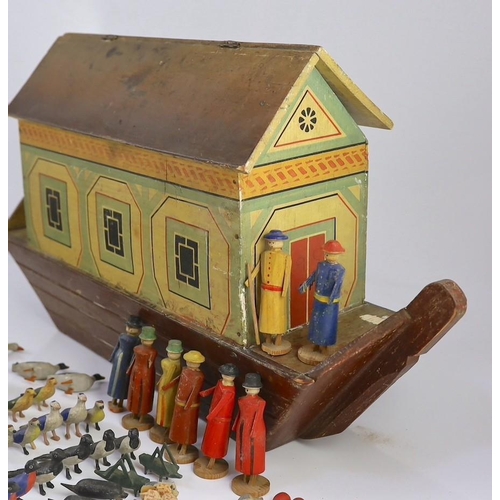 25 - A late 19th century German painted wood Noah's Ark with 136 assorted figures and animals, 14cm wide,... 