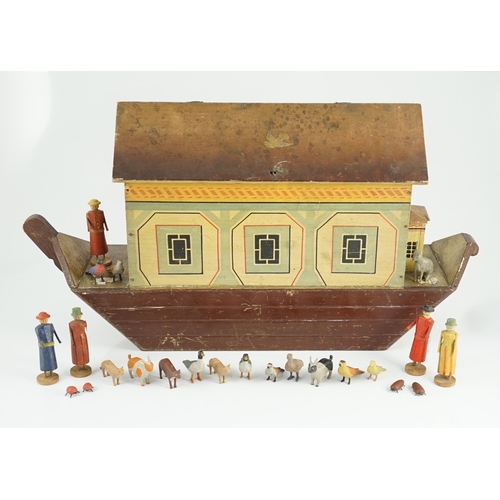 25 - A late 19th century German painted wood Noah's Ark with 136 assorted figures and animals, 14cm wide,... 