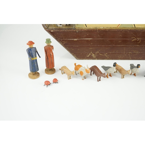 25 - A late 19th century German painted wood Noah's Ark with 136 assorted figures and animals, 14cm wide,... 