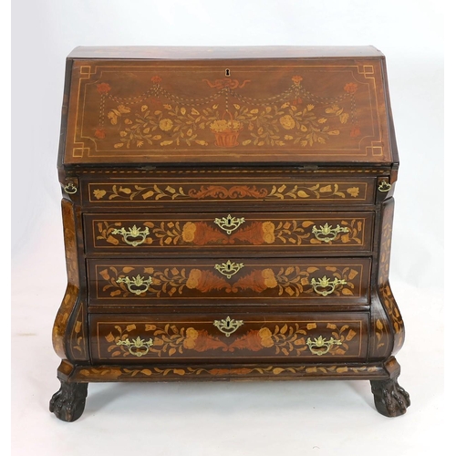 266 - A late 18th century Dutch mahogany and floral marquetry bombé bureau, with fitted interior and well ... 