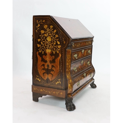 266 - A late 18th century Dutch mahogany and floral marquetry bombé bureau, with fitted interior and well ... 