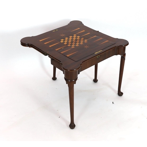 271 - A George II mahogany games table, with eared triple folding top opening to reveal a baize surface wi... 