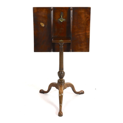 274 - A George III mahogany tripod table, with tilting rectangular top, on spiral fluted baluster stem wit... 