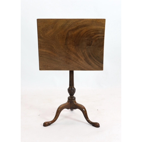 274 - A George III mahogany tripod table, with tilting rectangular top, on spiral fluted baluster stem wit... 