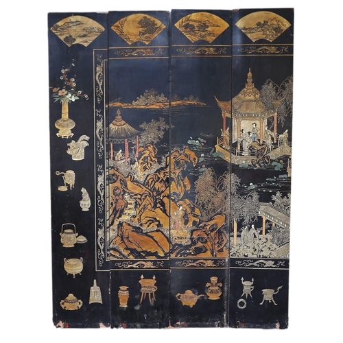 289 - A tall Chinese coromandel lacquer twelve panel screen, 19th century, decorated with fan shaped panel... 